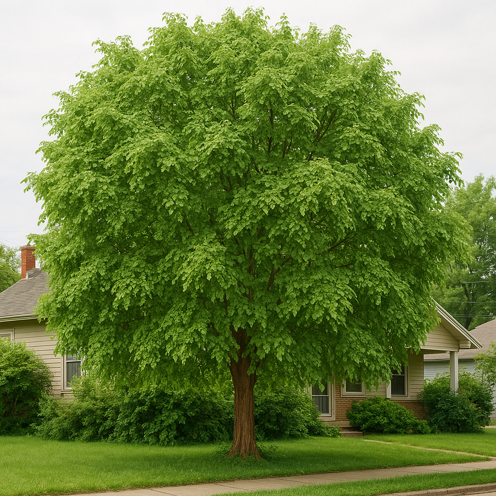 Overgrown yard with untrimmed trees and overgrown landscaping